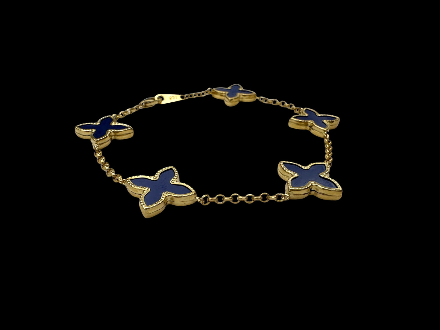 Solid 14K Gold Bracelet with Blue Enamel Clover Charms – Graceful Harmony