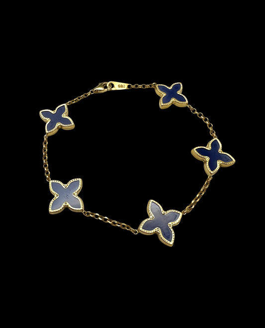 Solid 14K Gold Bracelet with Blue Enamel Clover Charms – Graceful Harmony