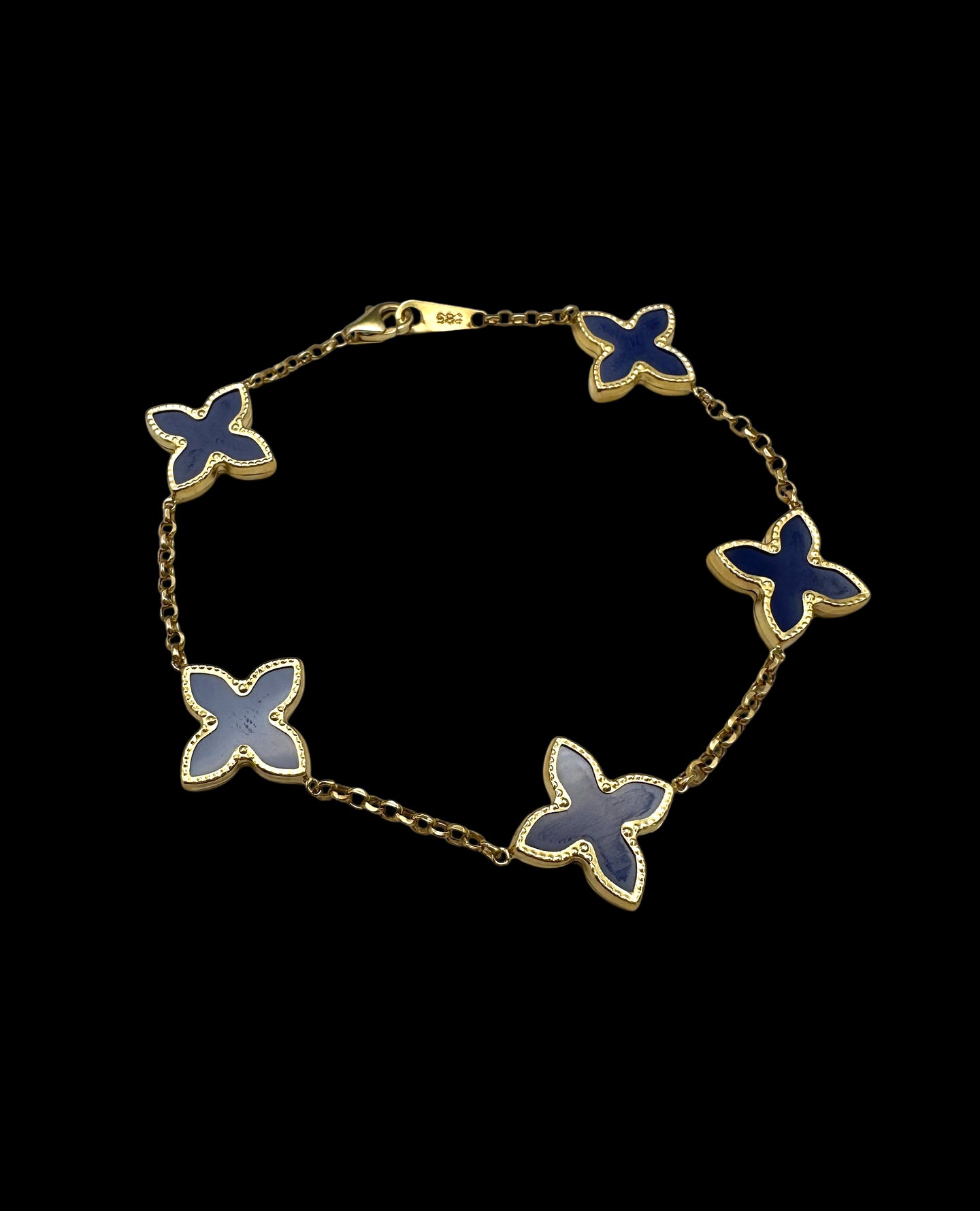 Solid 14K Gold Bracelet with Blue Enamel Clover Charms – Graceful Harmony