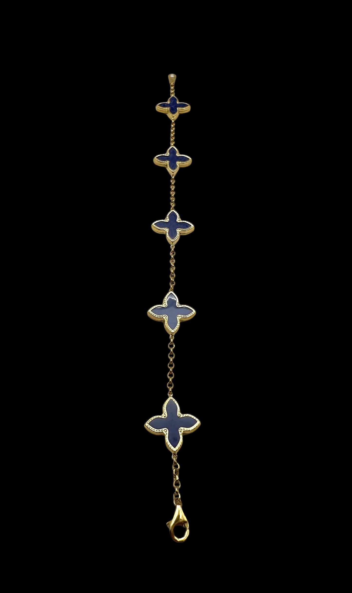 Solid 14K Gold Bracelet with Blue Enamel Clover Charms – Graceful Harmony