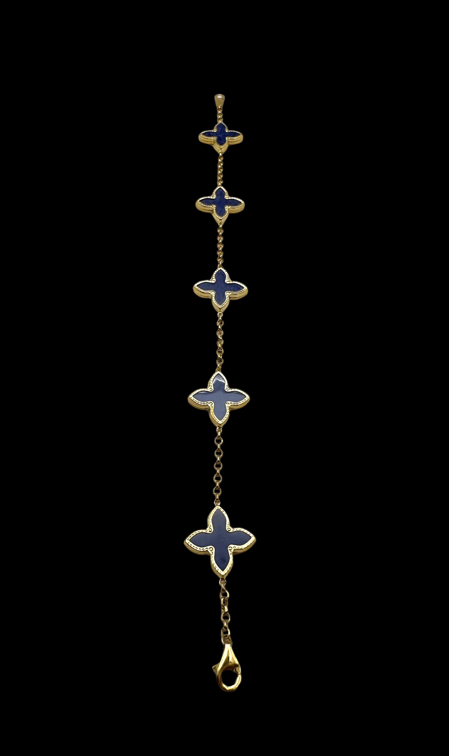 Solid 14K Gold Bracelet with Blue Enamel Clover Charms – Graceful Harmony