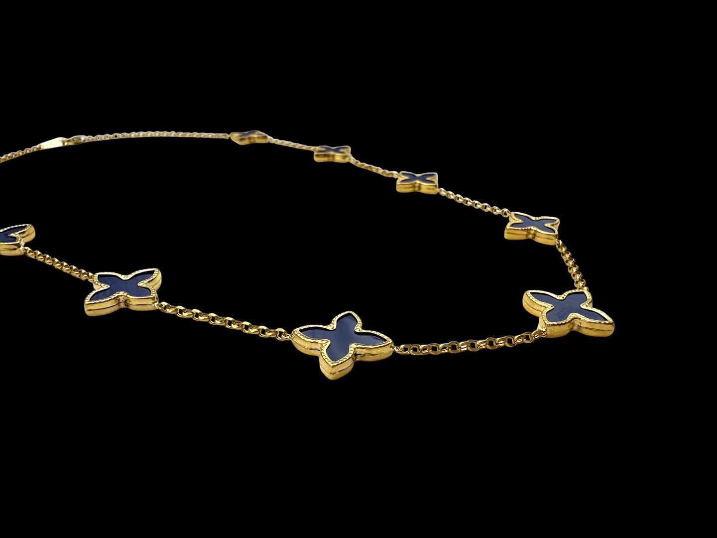 14K Gold Necklace with Blue Enamel Clover Charms – Elegant Whimsy