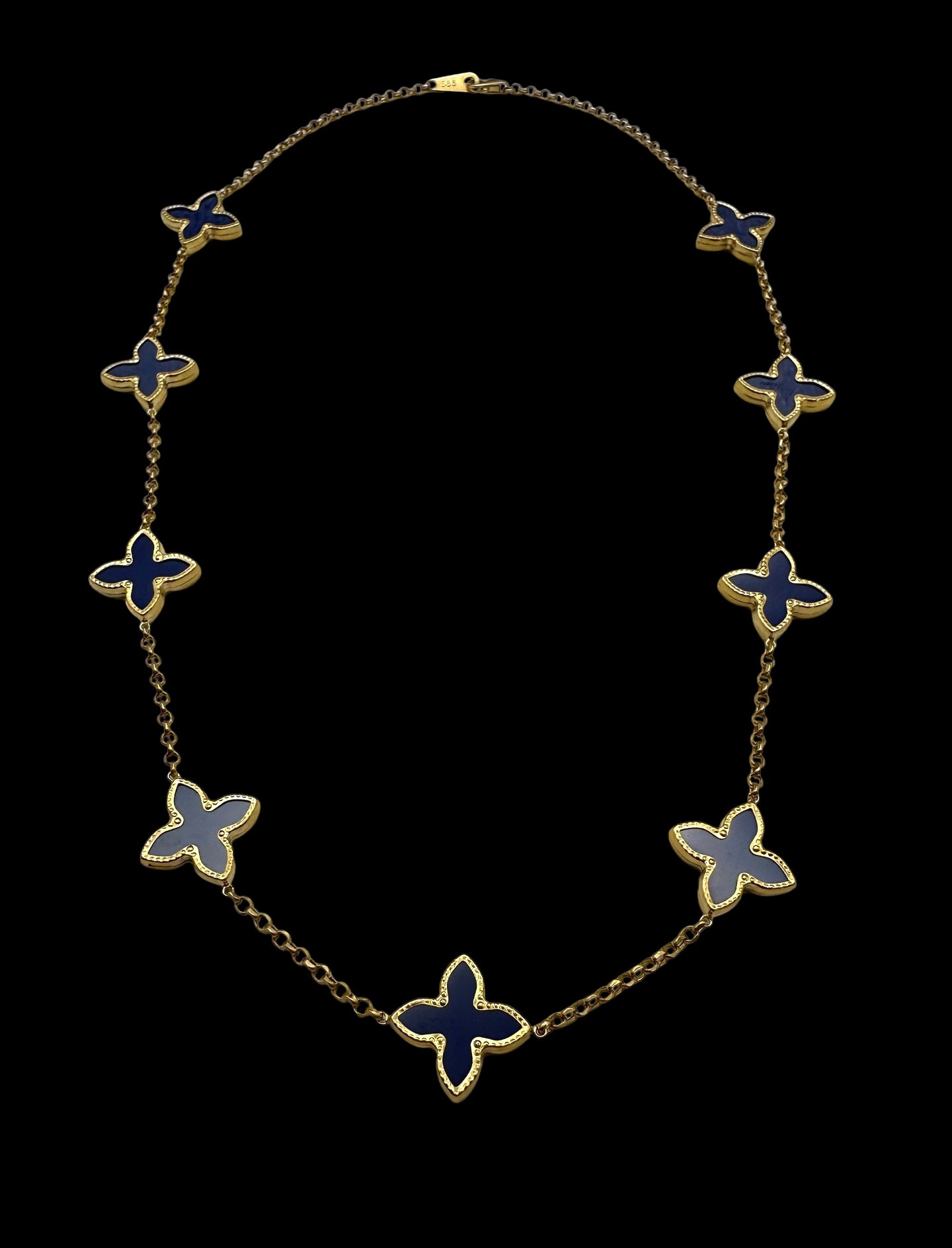 14K Gold Necklace with Blue Enamel Clover Charms – Elegant Whimsy