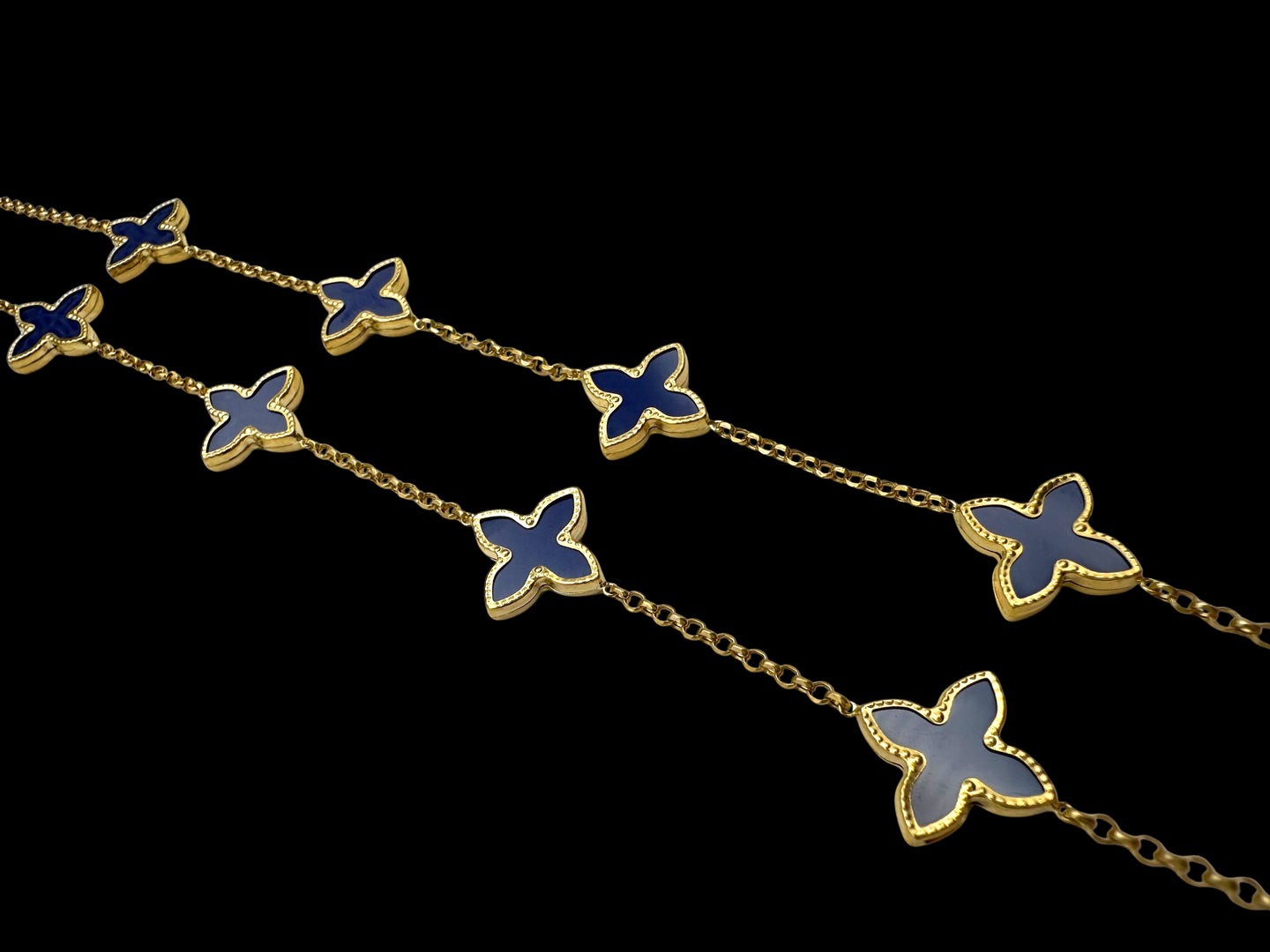 14K Gold Necklace with Blue Enamel Clover Charms – Elegant Whimsy