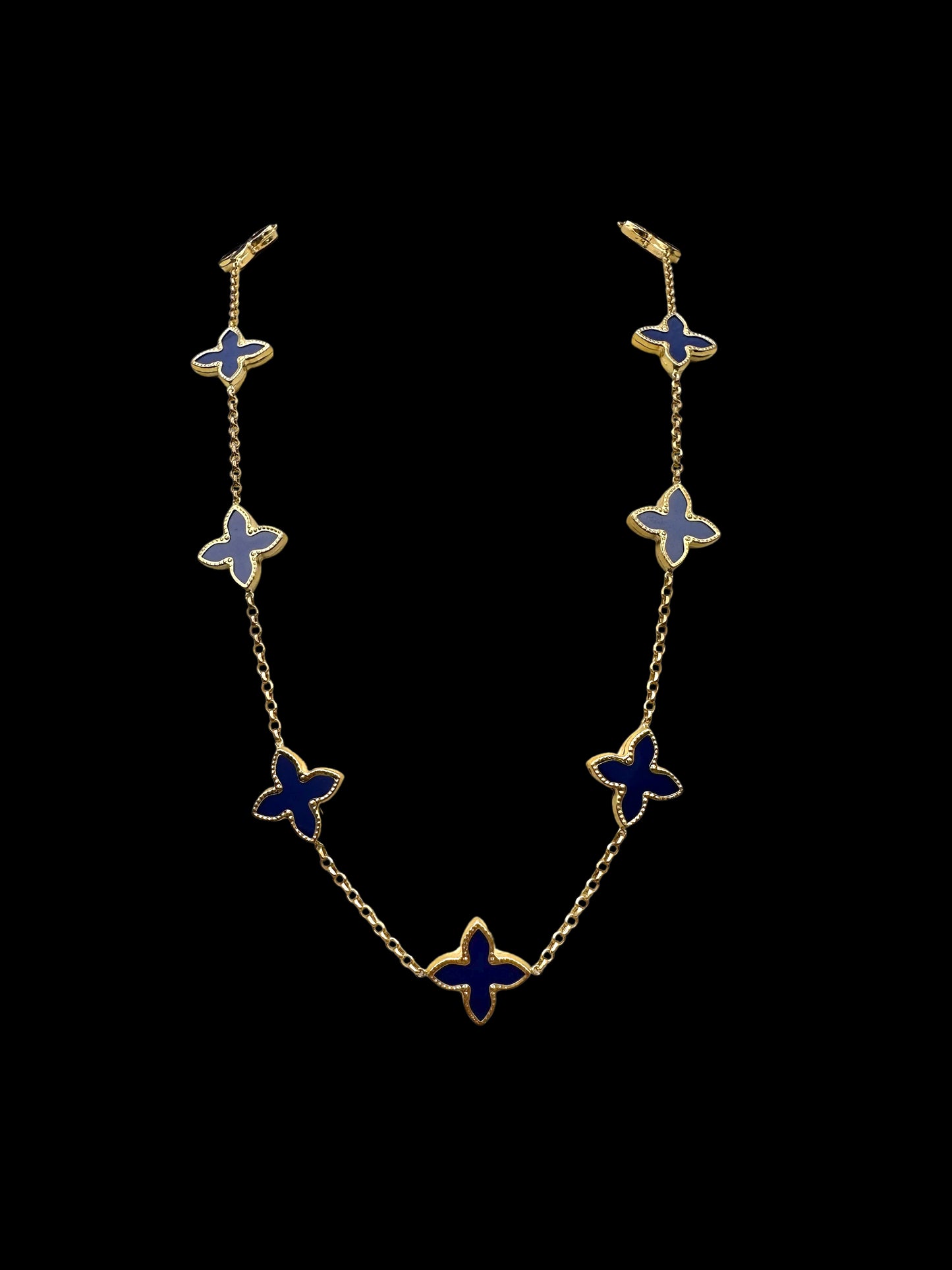14K Gold Necklace with Blue Enamel Clover Charms – Elegant Whimsy