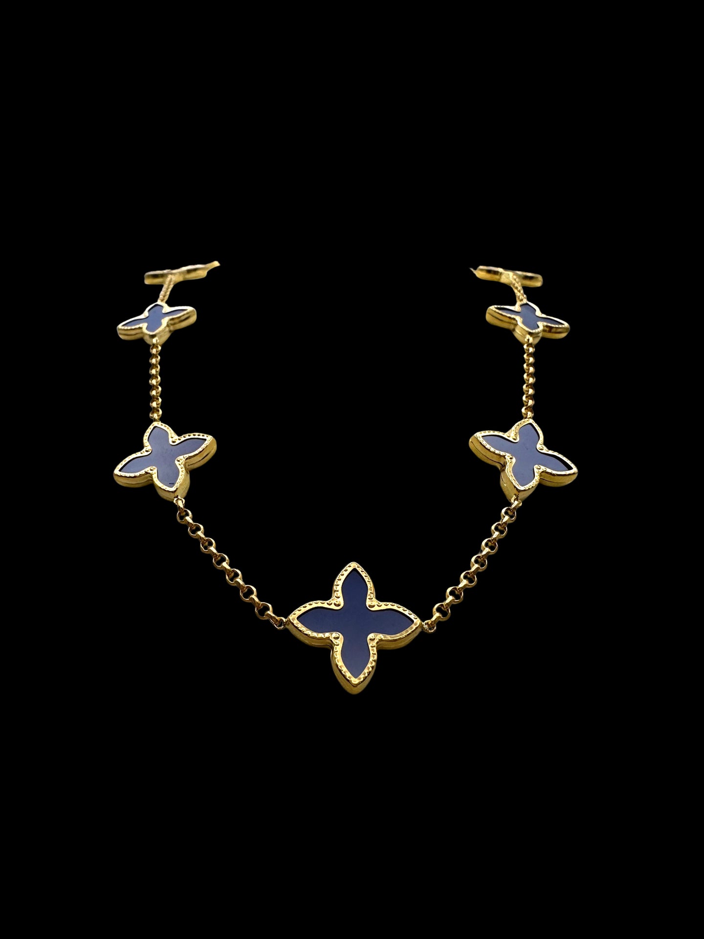 14K Gold Necklace with Blue Enamel Clover Charms – Elegant Whimsy