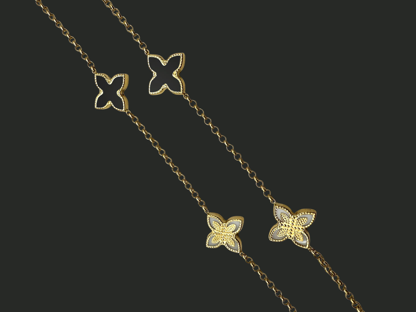 Solid 14K Gold Clover Necklace with Black Onyx & Mother of Pearl – Timeless Harmony