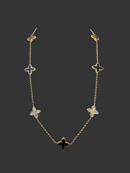 Solid 14K Gold Clover Necklace with Black Onyx & Mother of Pearl – Timeless Harmony