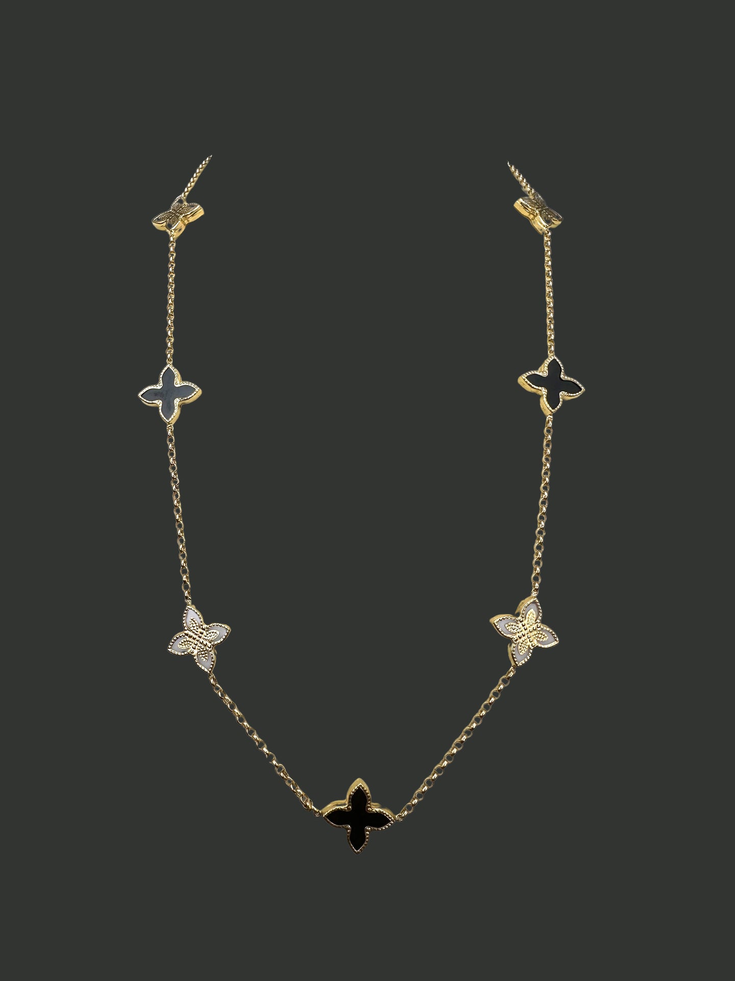 Solid 14K Gold Clover Necklace with Black Onyx & Mother of Pearl – Timeless Harmony