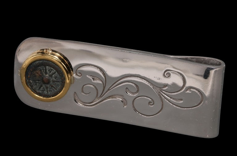 BRONZE WIDOW'S MITE COIN SET IN STERLING SILVER & 18K Gold MONEY CLIP