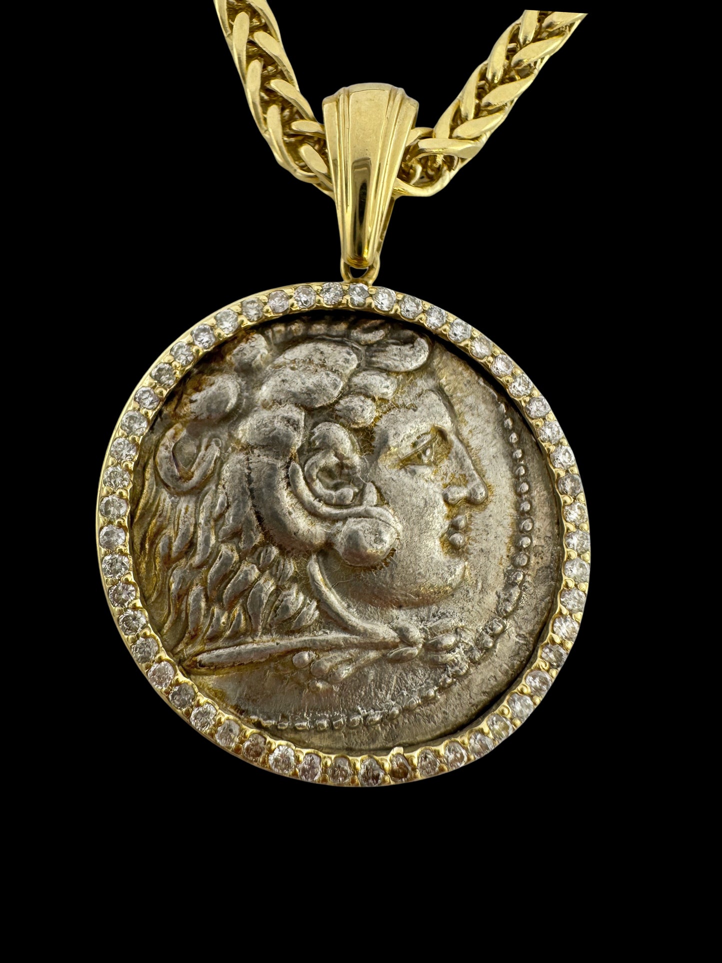 Solid 14K Gold Alexander the Great Coin Pendant with White Diamonds