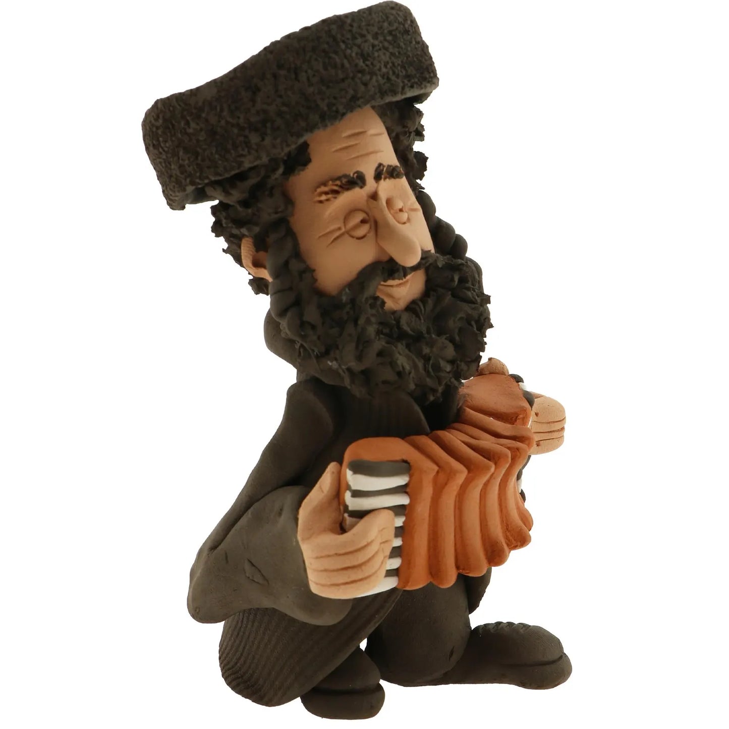 Handcrafted Ceramic figurine portraying a Jewish man Playing the Accordion.