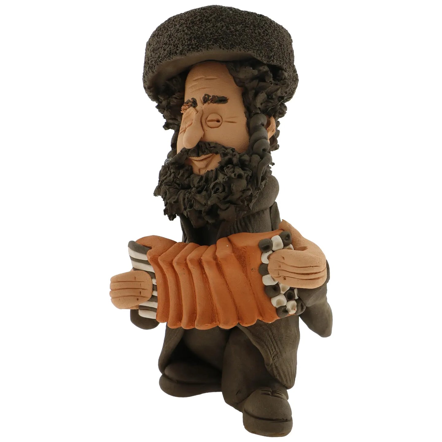 Handcrafted Ceramic figurine portraying a Jewish man Playing the Accordion.