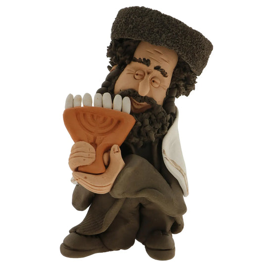 Handcrafted Ceramic figurine portraying a Jewish Rabbi holding a Menorah