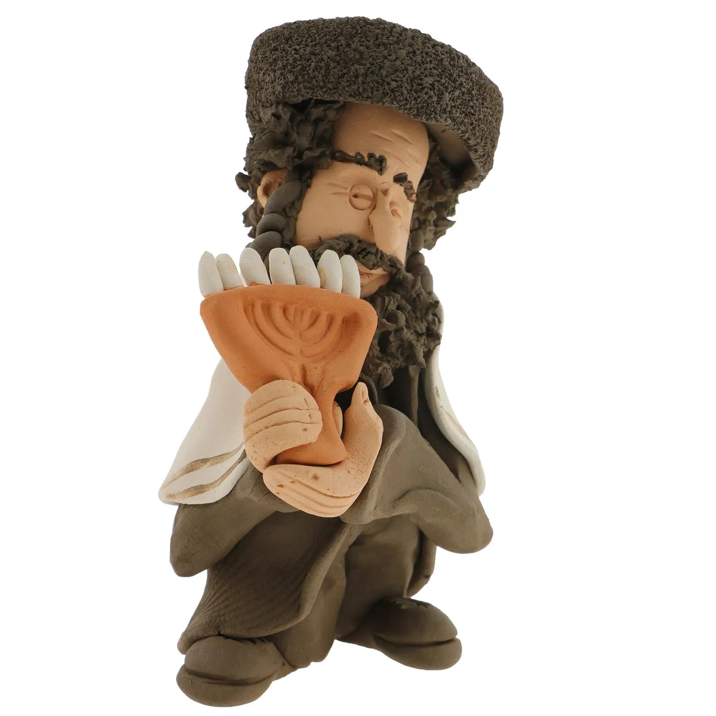 Handcrafted Ceramic figurine portraying a Jewish Rabbi holding a Menorah