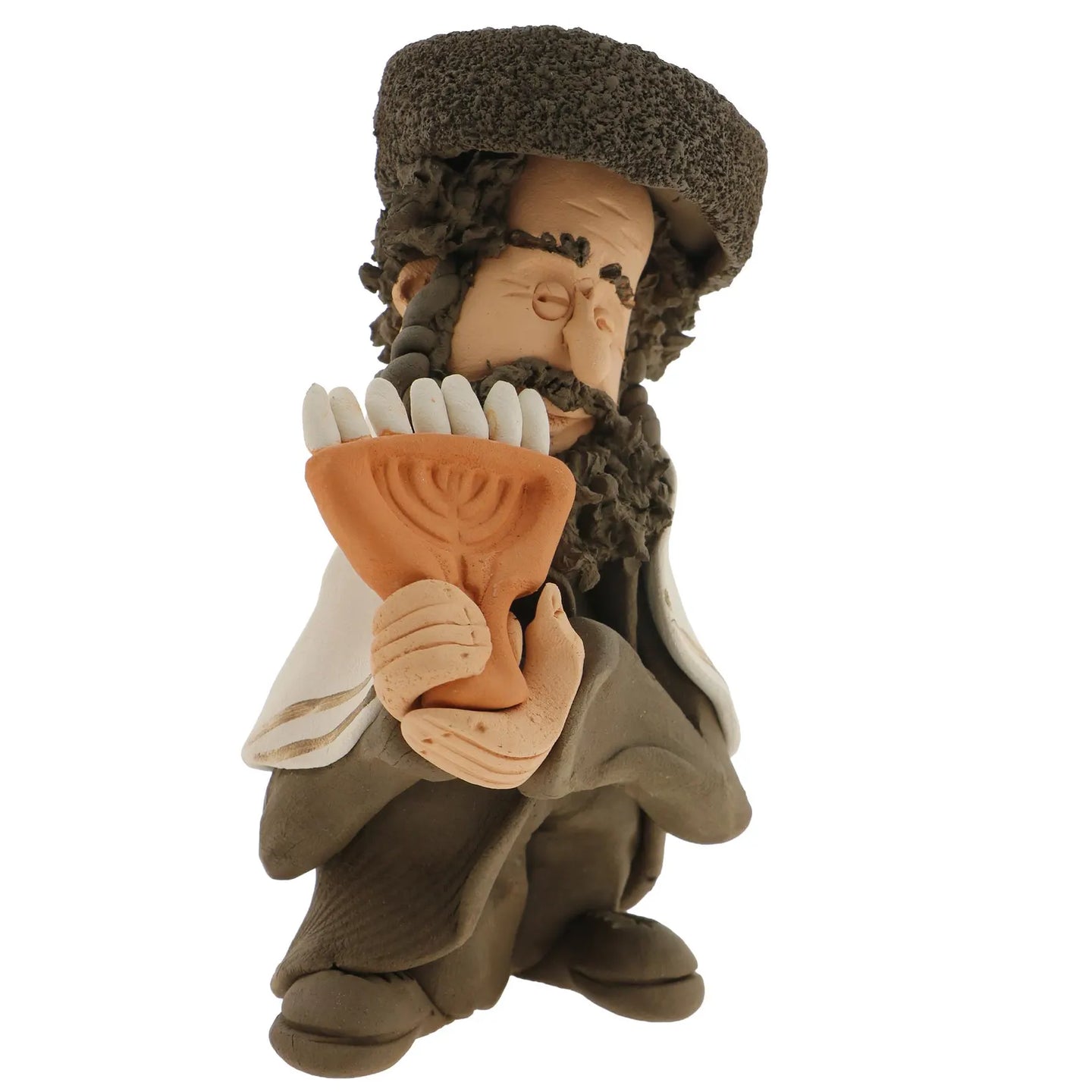 Handcrafted Ceramic figurine portraying a Jewish Rabbi holding a Menorah