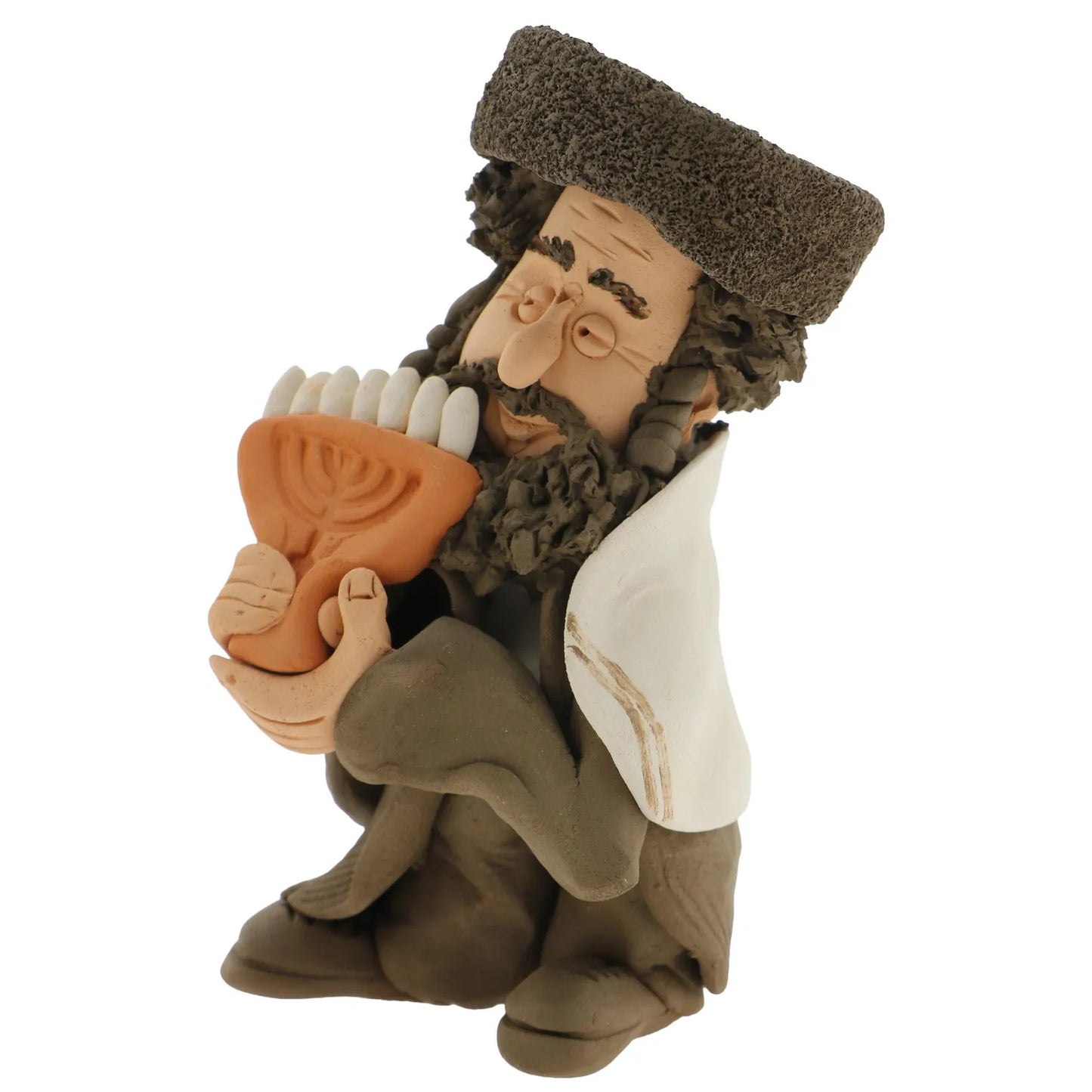Handcrafted Ceramic figurine portraying a Jewish Rabbi holding a Menorah