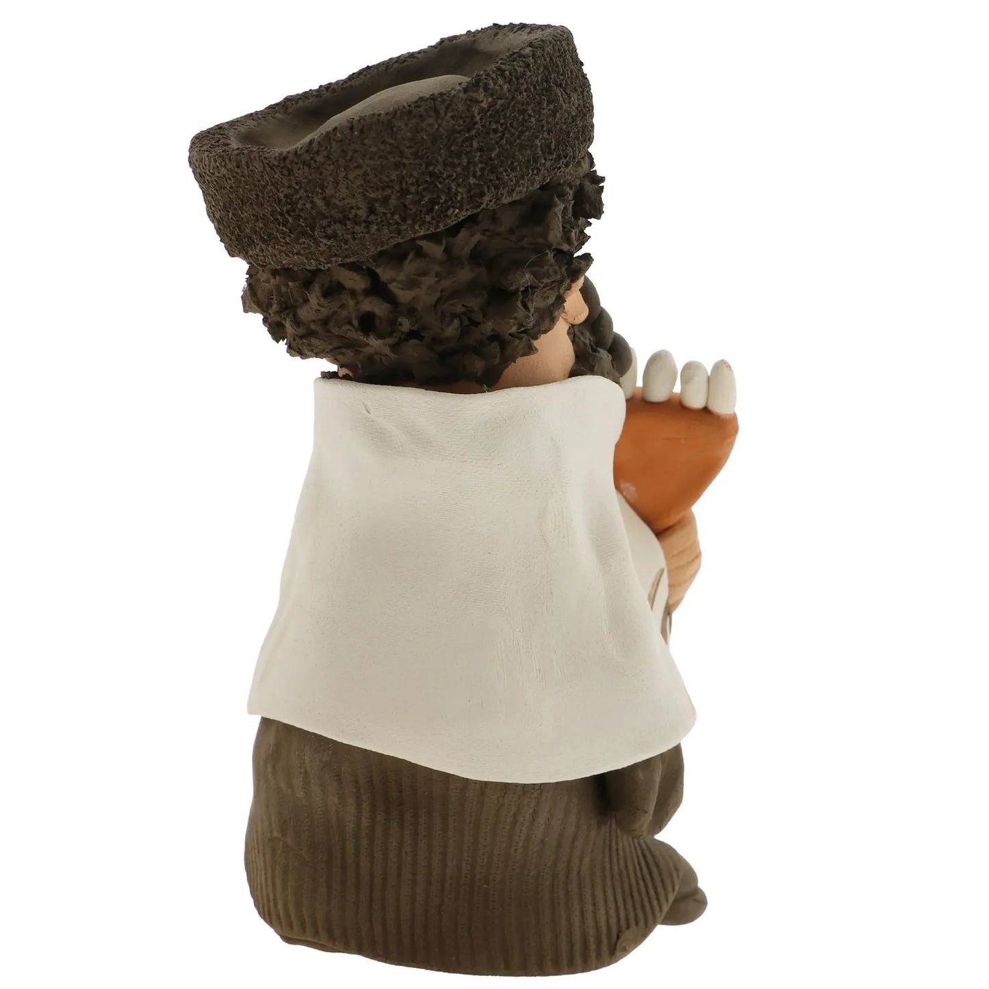 Handcrafted Ceramic figurine portraying a Jewish Rabbi holding a Menorah