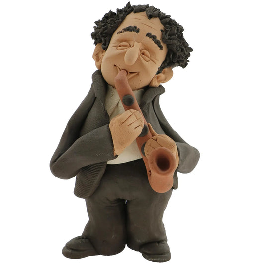 Handcrafted Ceramic figurine portraying a Jewish man Playing a Saxophone