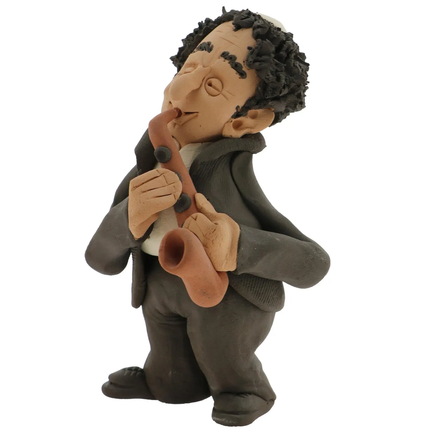 Handcrafted Ceramic figurine portraying a Jewish man Playing a Saxophone