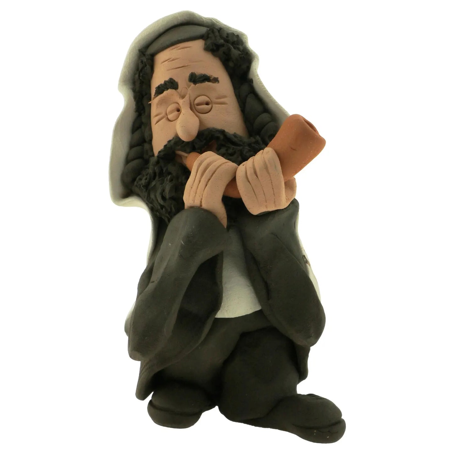 Handmade Ceramic Figurine Rabbi Blowing Ram Shofar Horn, Tallit Prayer Shawl