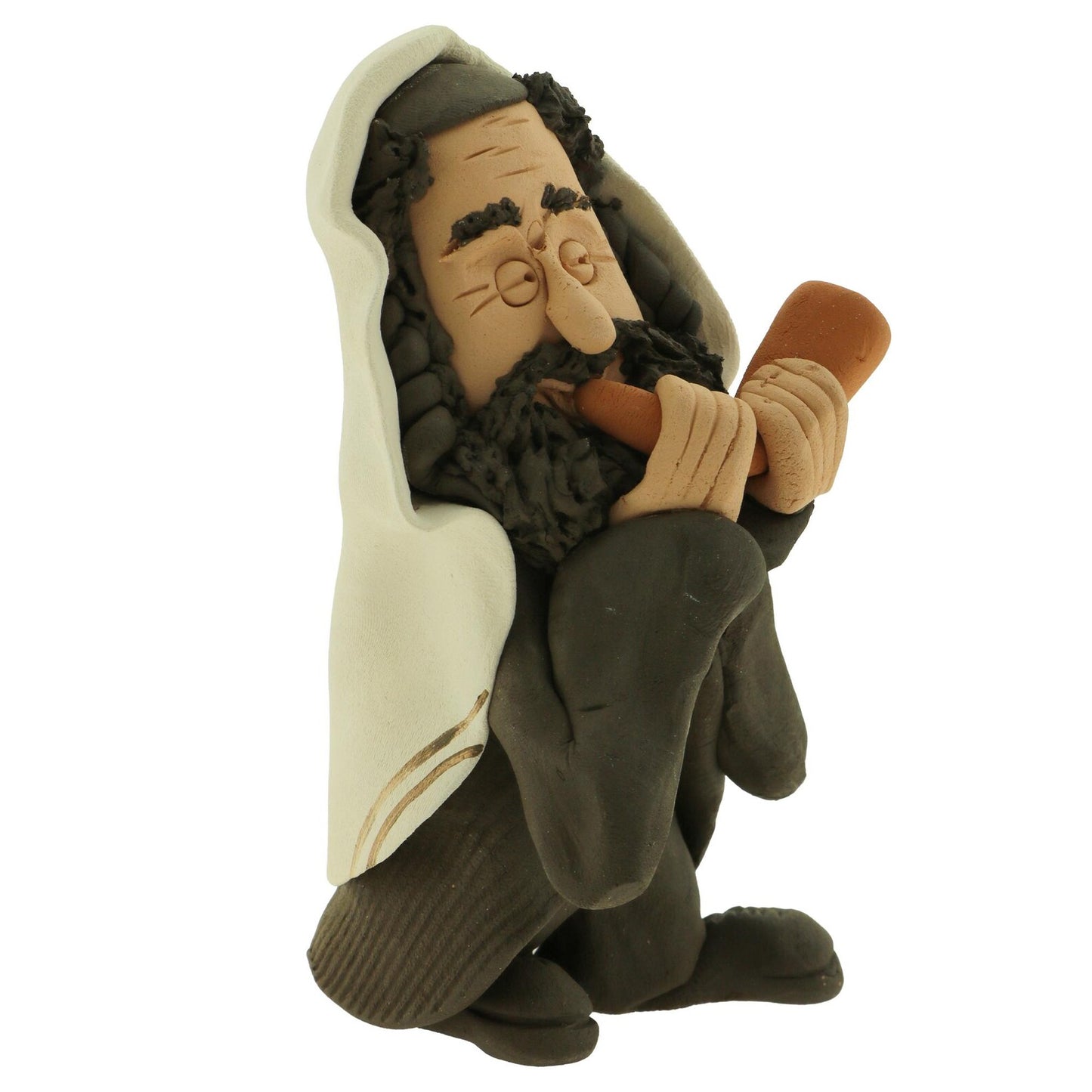Handmade Ceramic Figurine Rabbi Blowing Ram Shofar Horn, Tallit Prayer Shawl