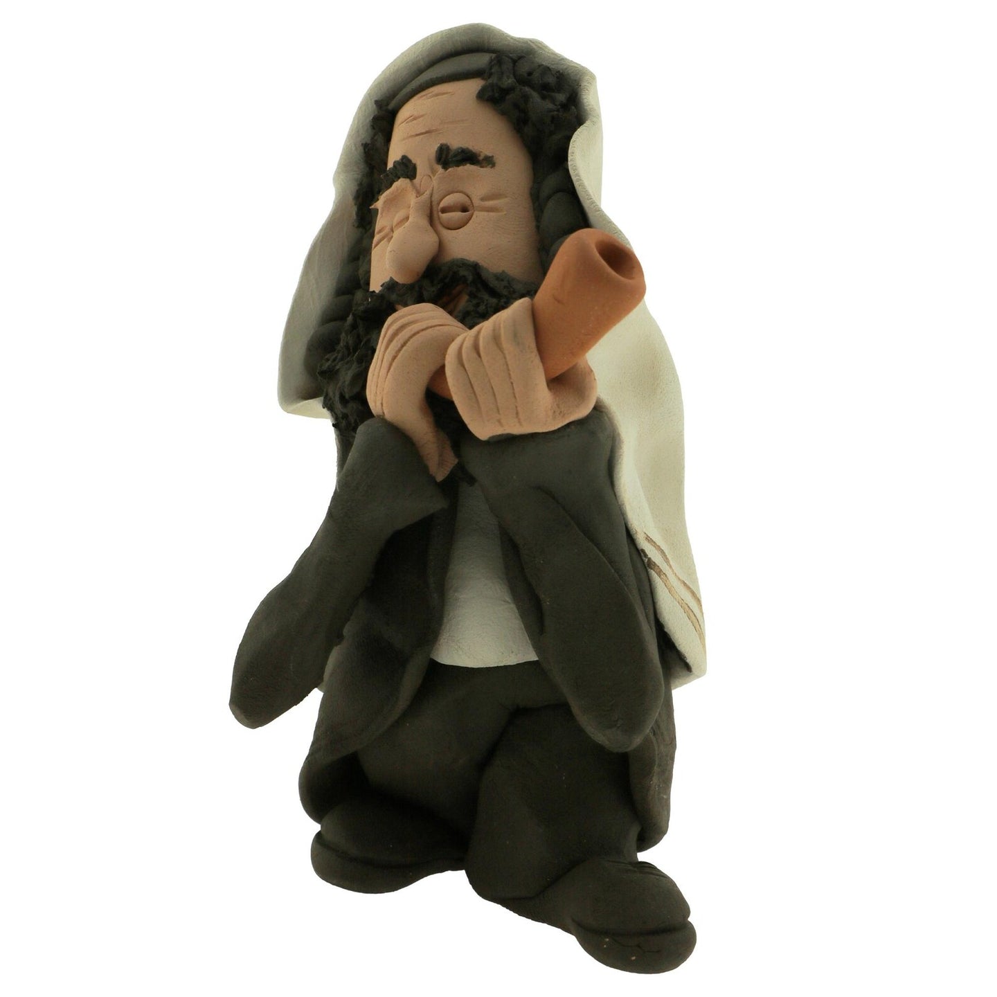 Handmade Ceramic Figurine Rabbi Blowing Ram Shofar Horn, Tallit Prayer Shawl
