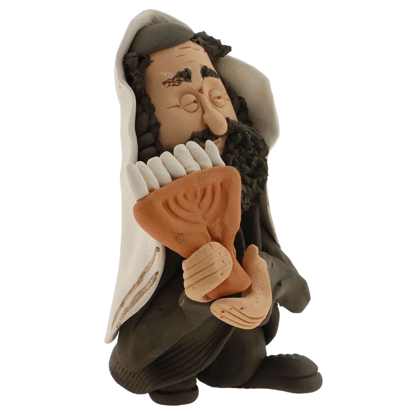Handcrafted Ceramic figurine portraying a Jewish Rabbi holding a Menorah