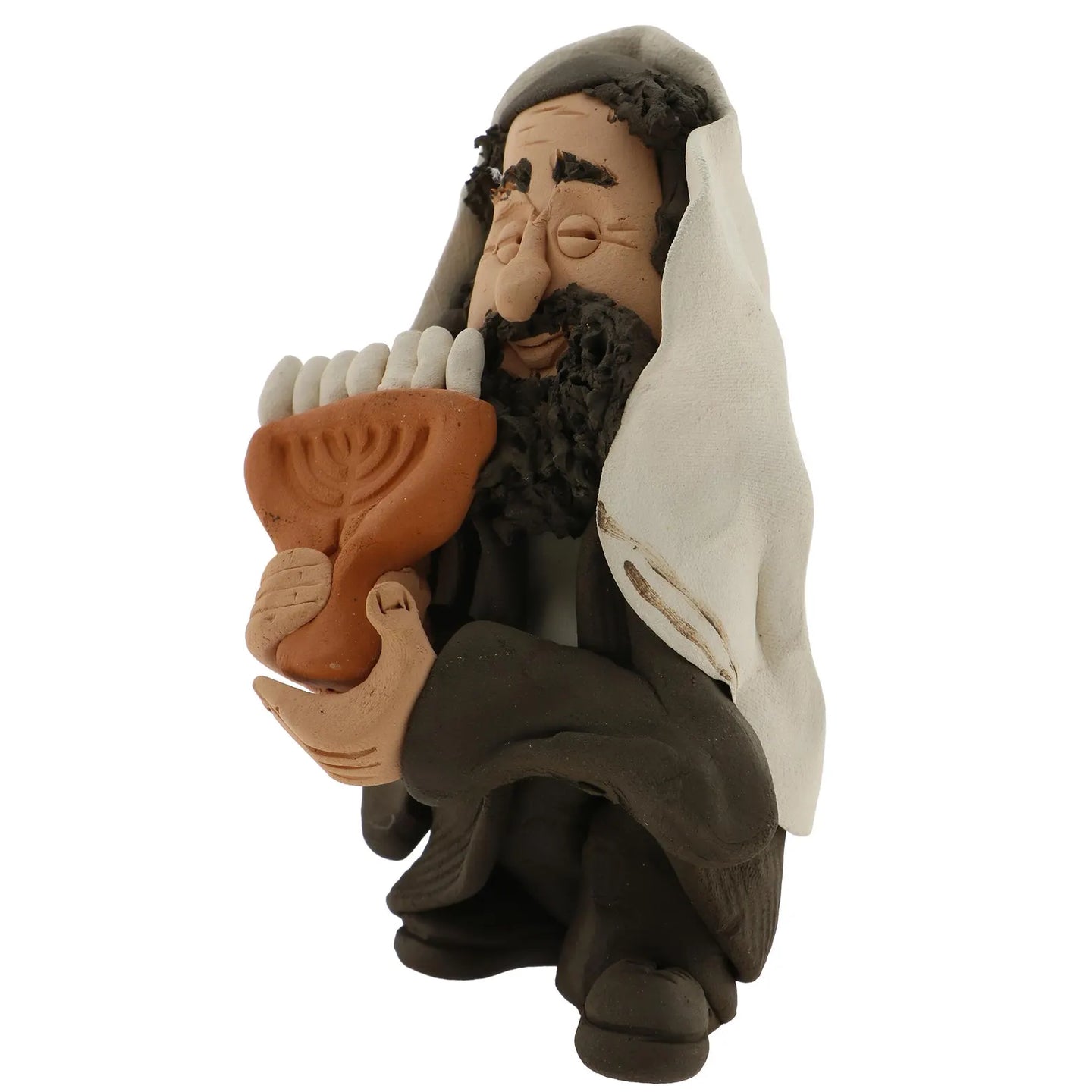 Handcrafted Ceramic figurine portraying a Jewish Rabbi holding a Menorah