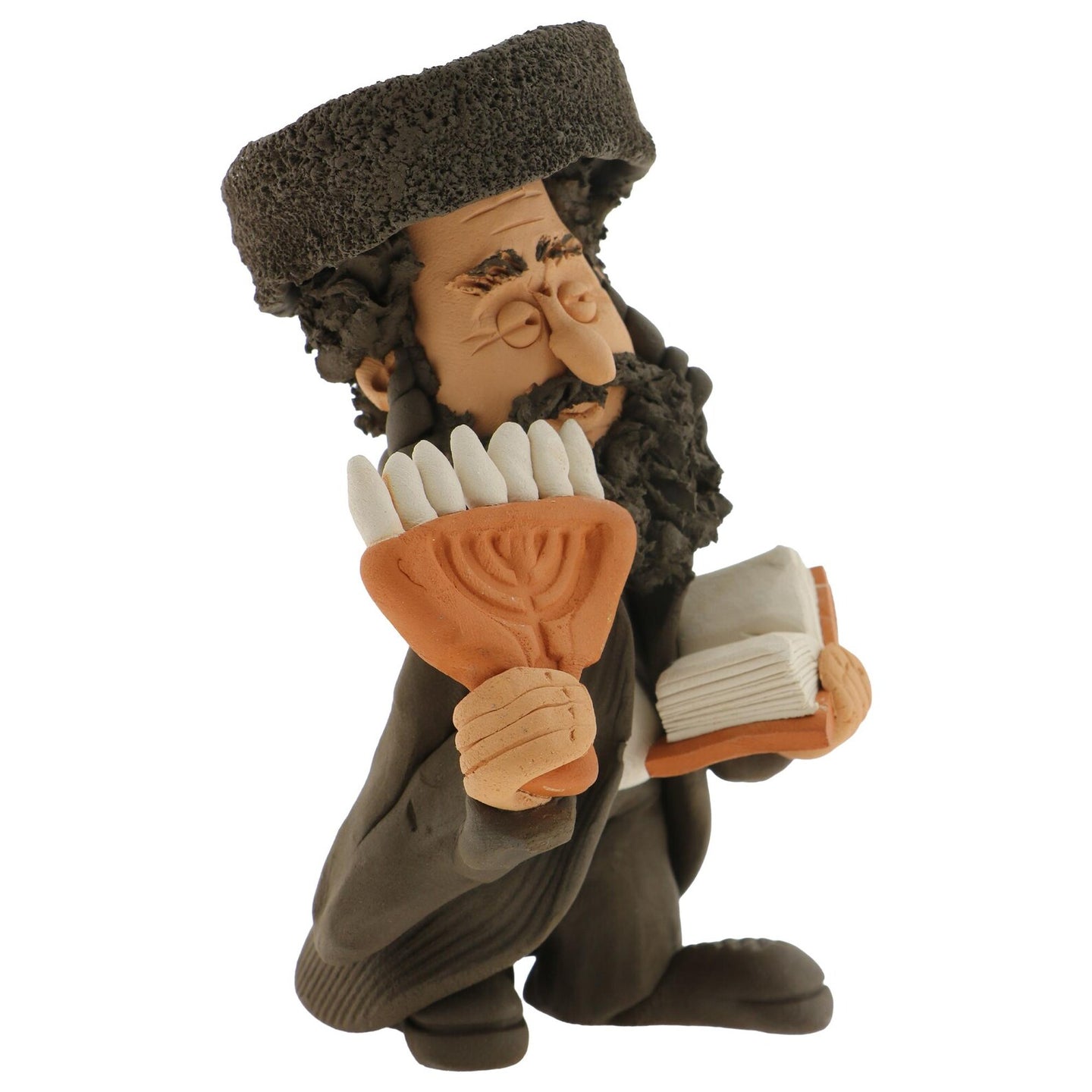 Handcrafted Ceramic figurine portraying a Jewish Rabbi holding a Book and Menorah