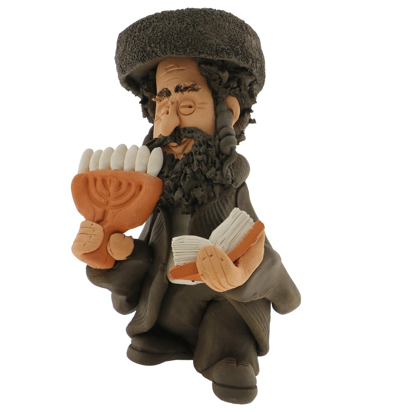 Handcrafted Ceramic figurine portraying a Jewish Rabbi holding a Book and Menorah