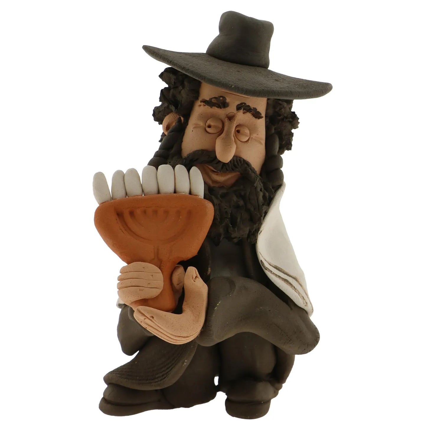 Handmade figurine made by retired artist Yuri Dogayev. The figurine portrays a Jewish man with a dark black beard and hat holding a Menorah.