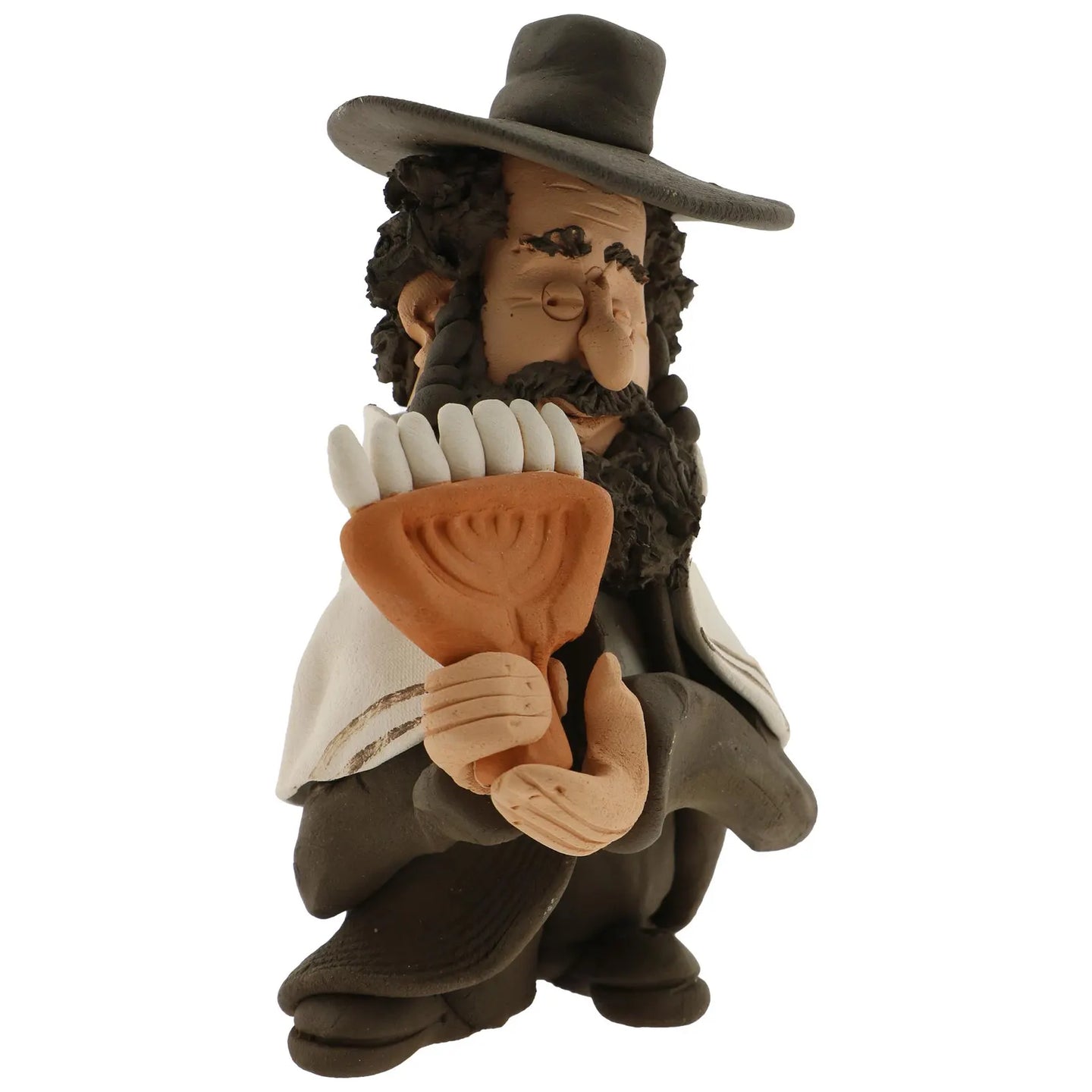 Handmade figurine made by retired artist Yuri Dogayev. The figurine portrays a Jewish man with a dark black beard and hat holding a Menorah.