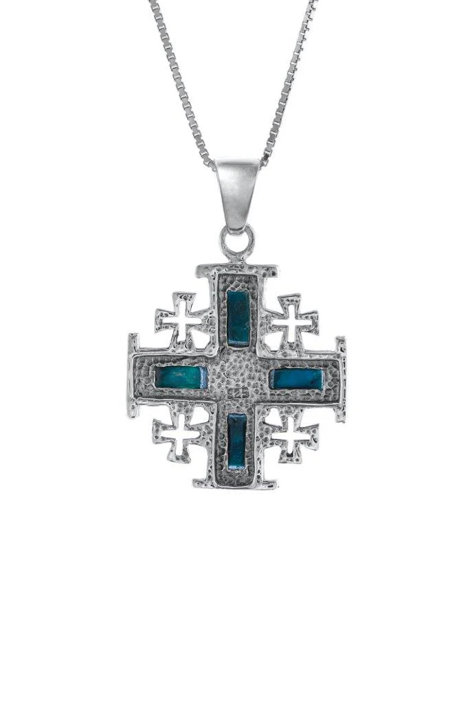 Jerusalem Nano New Testament, Silver Pendant- The Jerusalem Cross Studded With Roman Glass