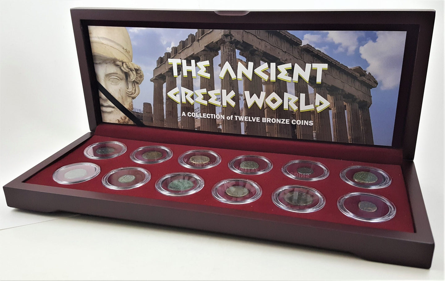 The Greek World: Box of 12 Bronze Coins from the Time of Ancient Greece (wooden boxed collection)