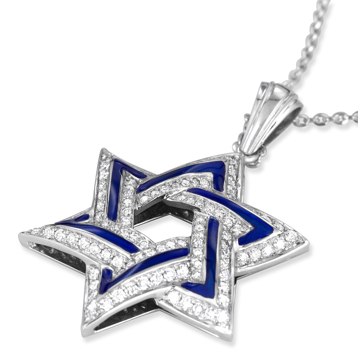 114-Diamond 14K White Gold and Blue Enamel Star of David Pendant Necklace