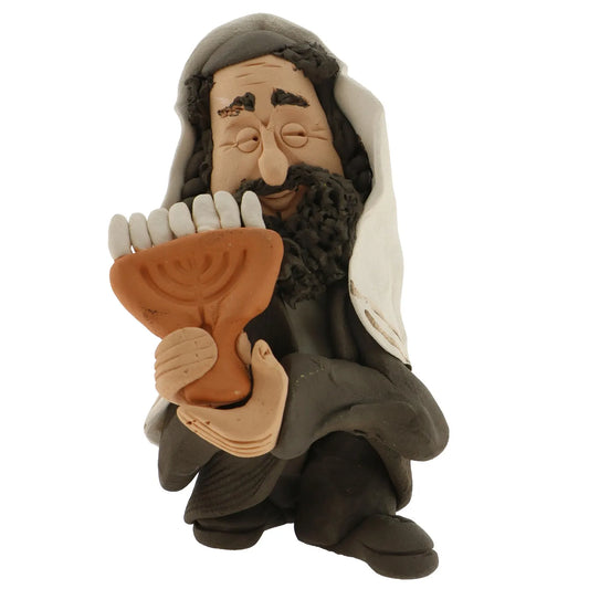Handcrafted Ceramics figurine portraying a Jewish man Holding a menorah
