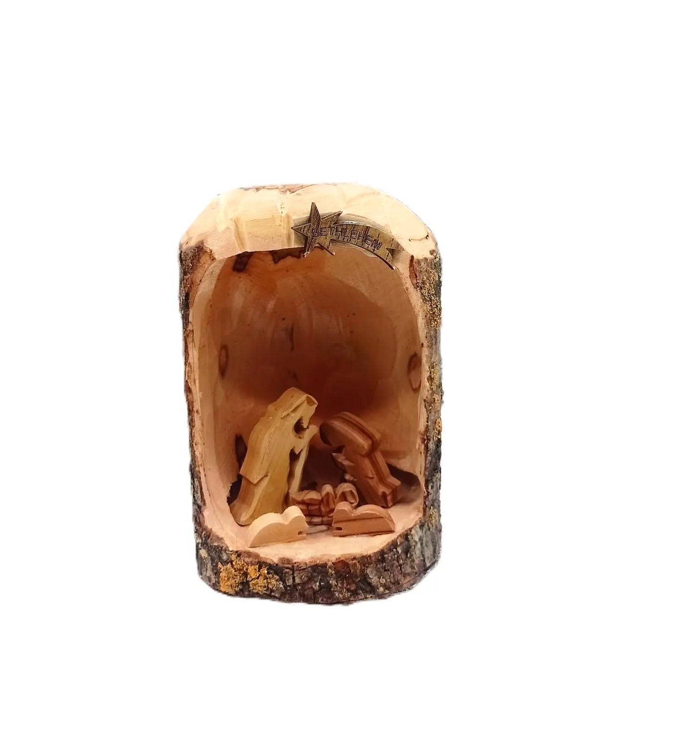 The Dark Natural Olive Wood Nativity Grotto miniature