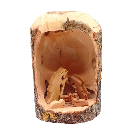 The Dark Natural Olive Wood Nativity Grotto miniature