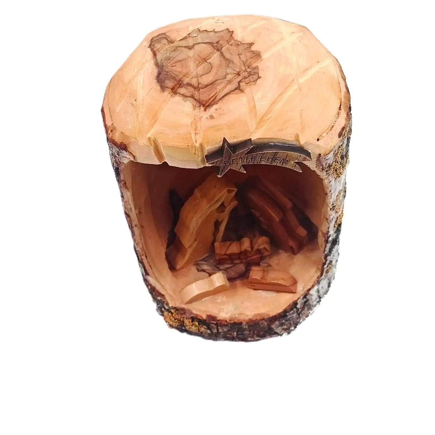The Dark Natural Olive Wood Nativity Grotto miniature