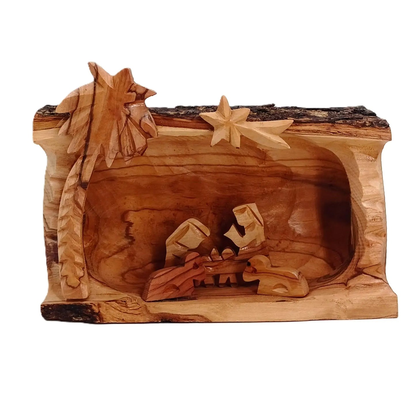 Nativity Scene and Figures Handcrafted Olive Wood Log Carving Christmas Ornament