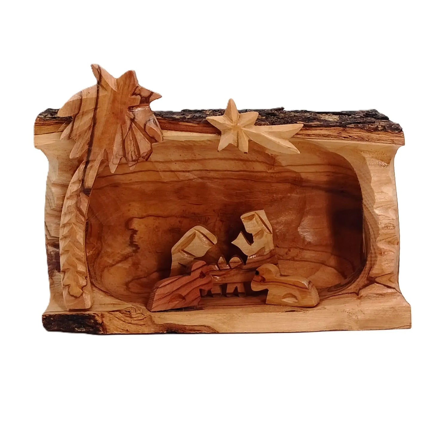 Nativity Scene and Figures Handcrafted Olive Wood Log Carving Christmas Ornament