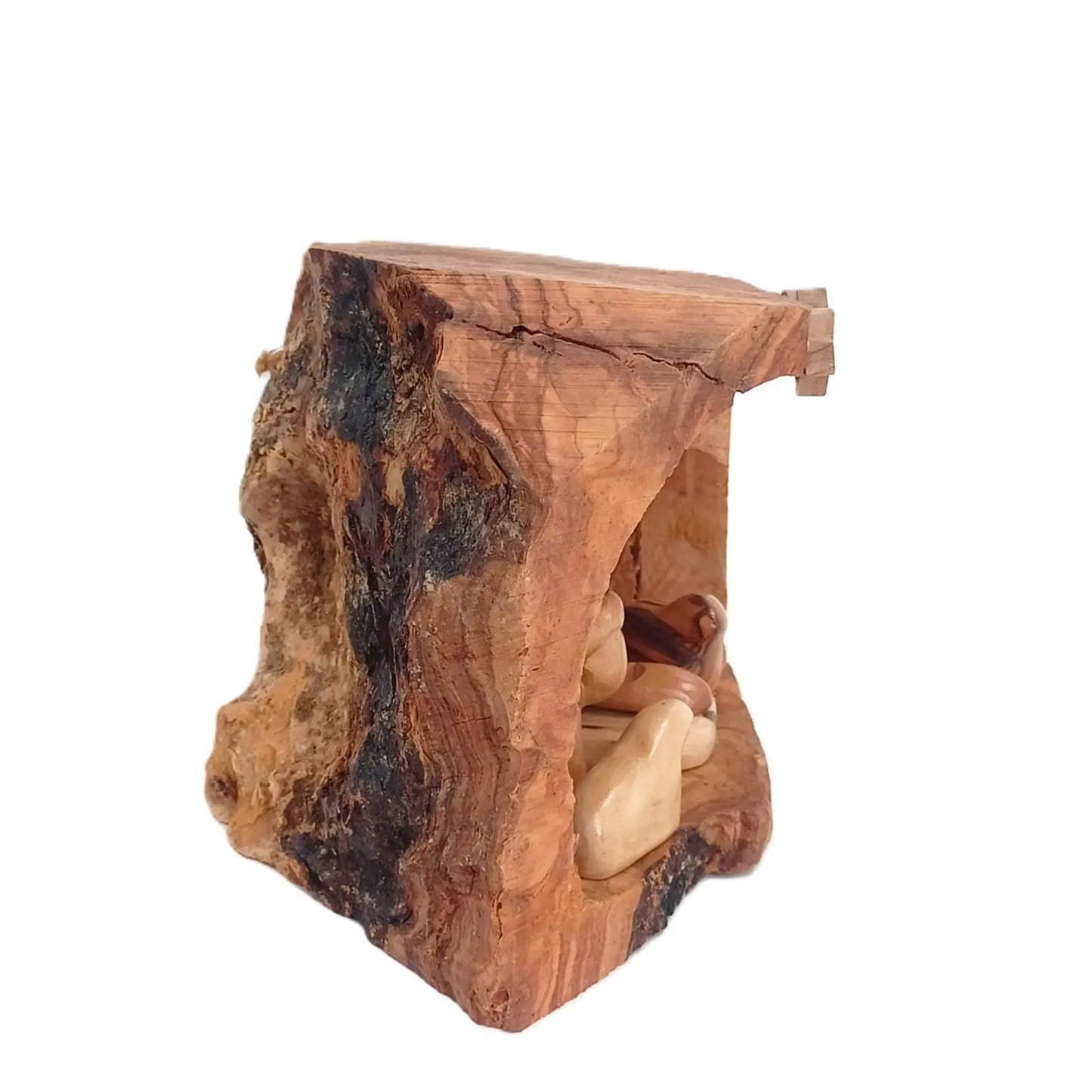 Olive Wood Nativity Scene Ornament – Hand-Carved Holy Family in Natural Log Setting