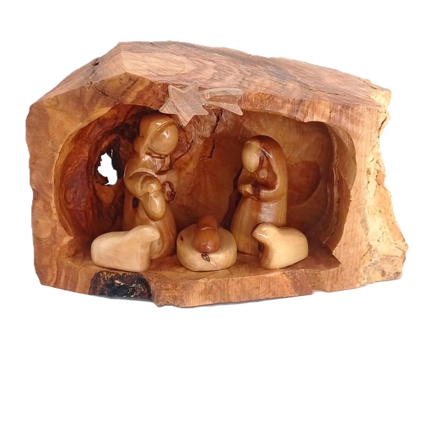 Olive Wood Nativity Scene Ornament – Hand-Carved Holy Family in Natural Log Setting
