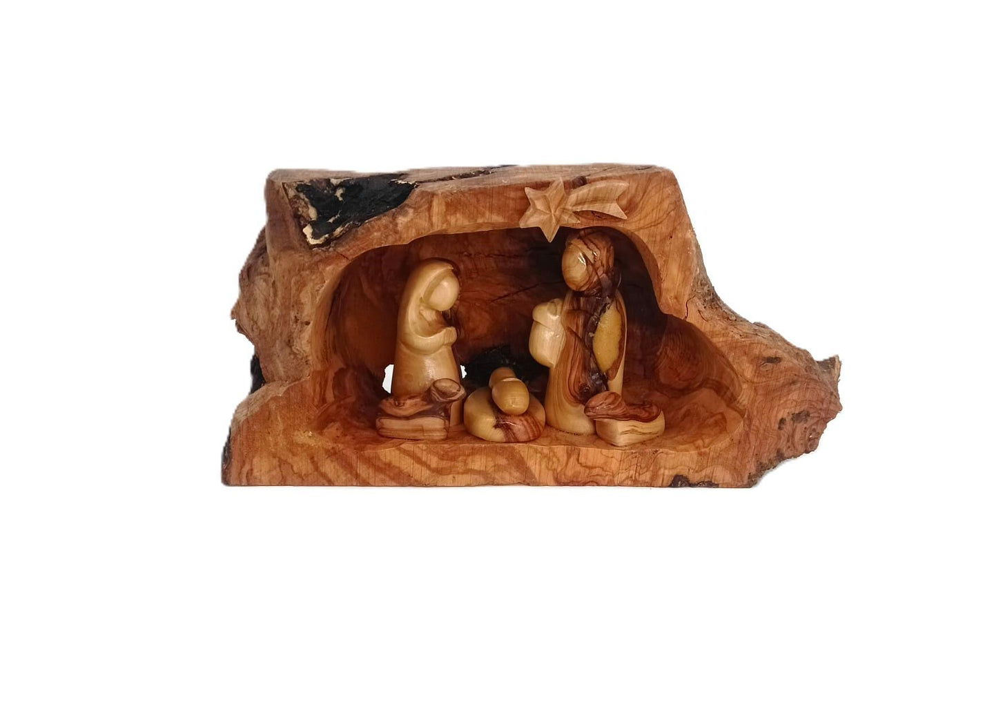 Olive Wood Nativity Scene – Hand-Carved Holy Family in Natural Cave Setting