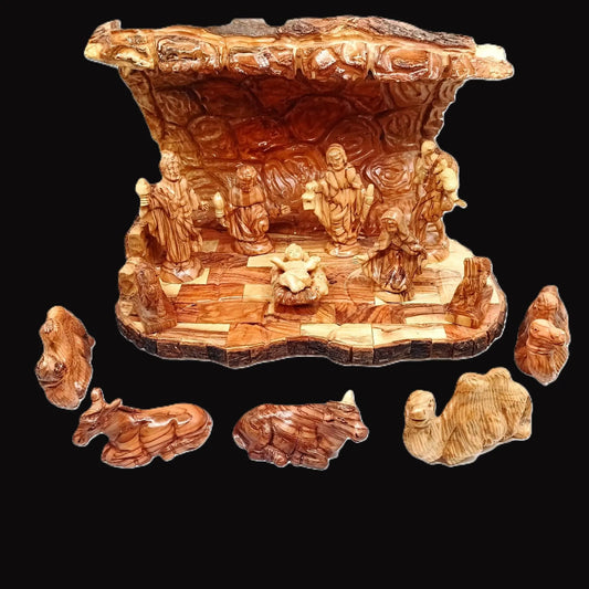 Handmade Olive Wood Nativity Scene – Full Ensemble in Rustic Stable