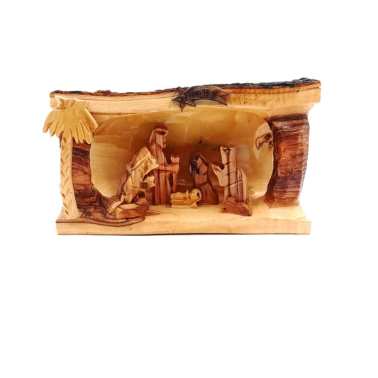 Nativity Scene and Figures Handcrafted Olive Wood Log Carving Christmas Ornament