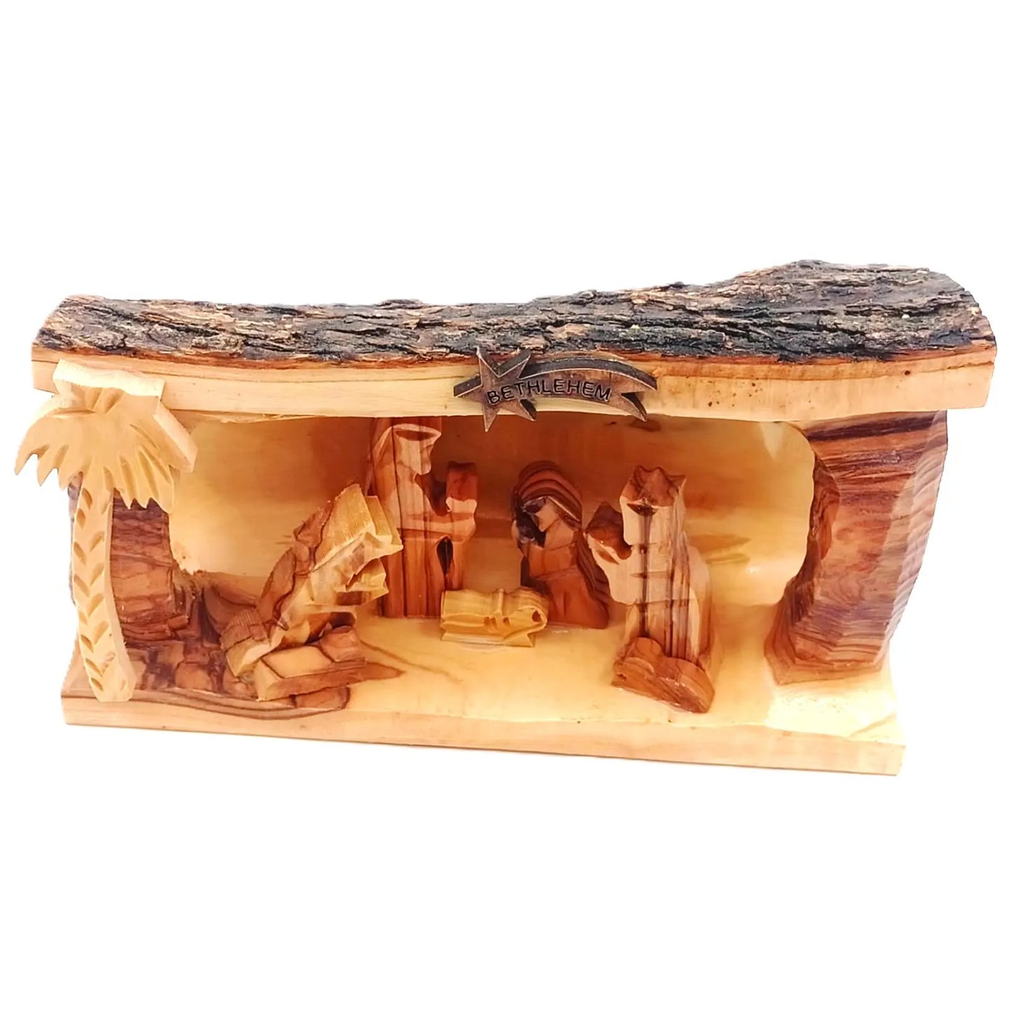 Nativity Scene and Figures Handcrafted Olive Wood Log Carving Christmas Ornament