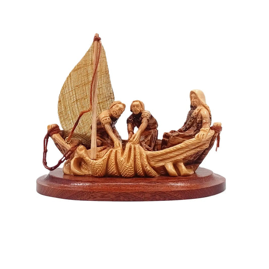 Handmade Olive Wood Sculpture – Miraculous Catch of Fish