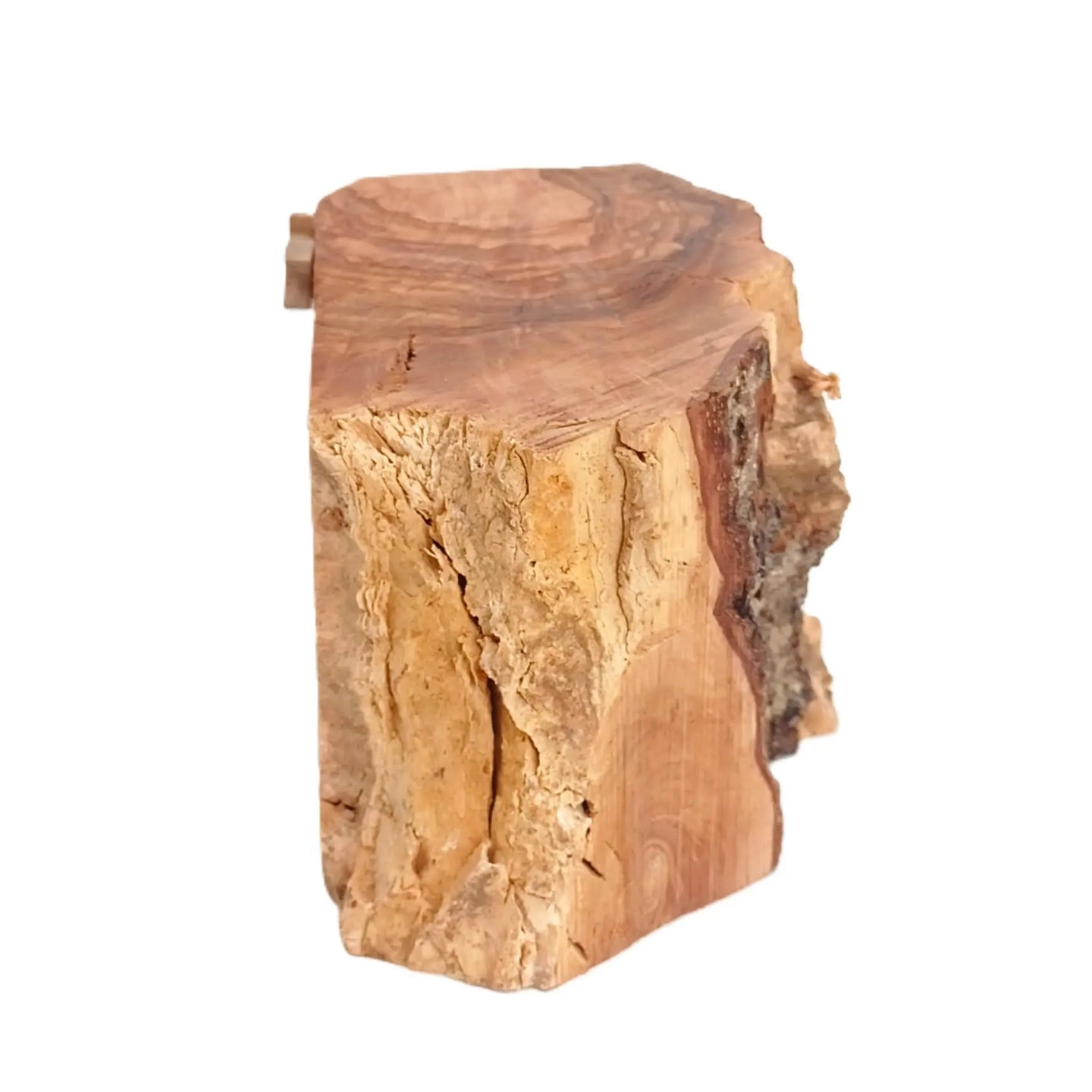 Olive Wood Nativity Scene Ornament – Hand-Carved Holy Family in Natural Log Setting